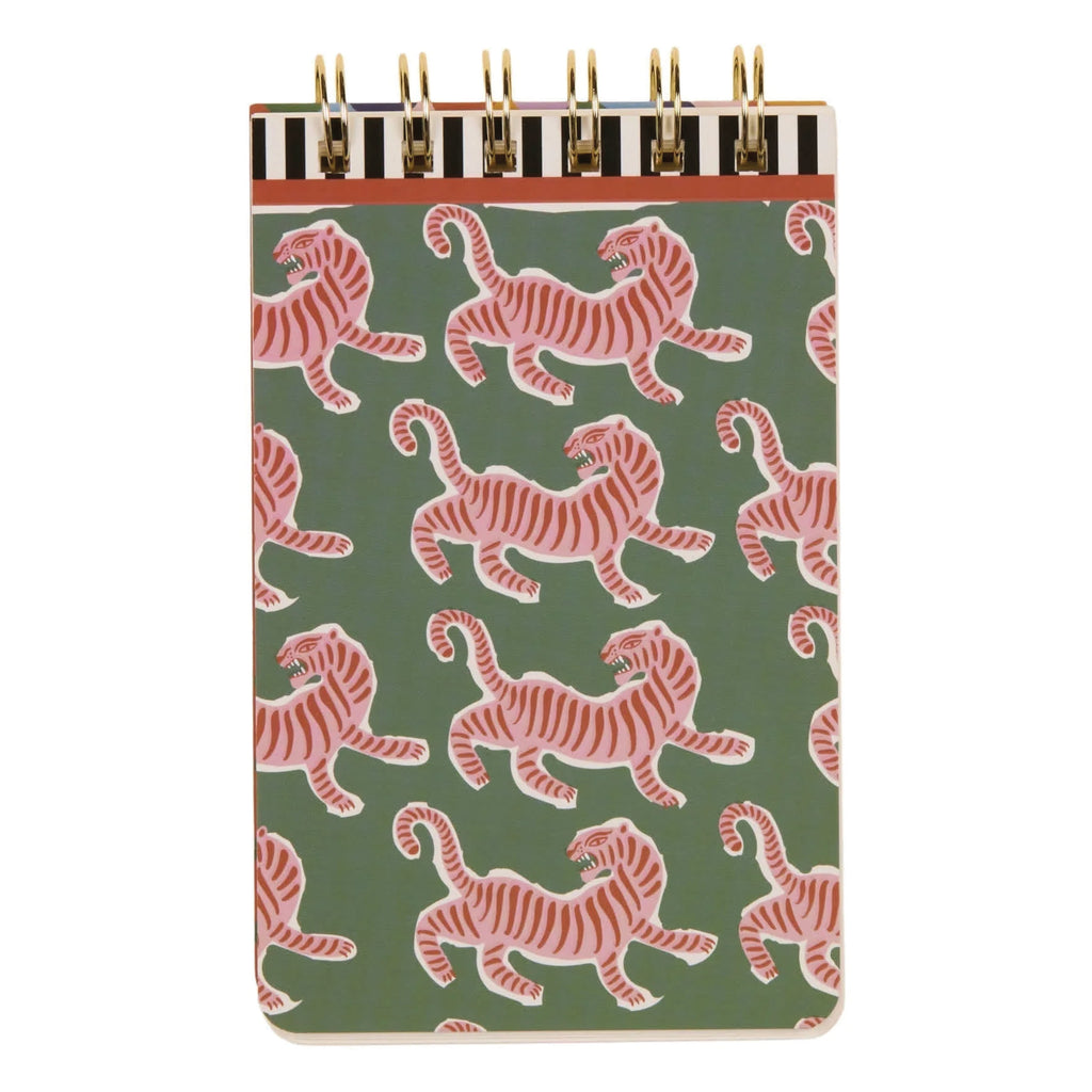Notebook with pink tiger pattern on a green background.
Tiger A Dopo Twin Wire Notepad - Jo And Co Tiger A Dopo Twin Wire Notepad - Designworks Ink