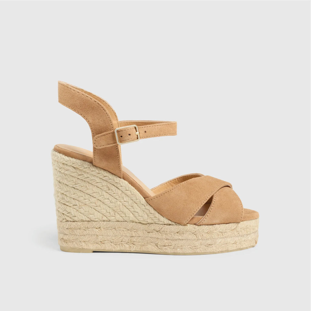 Jo And Co Castaner Tostado Blaudell Espadrille Wedge Sandals_The Blaudell espadrilles have a cross toe that will set trends wherever they go. Made in Spain with suede, the Blaudell espadrilles feature a round open toe, ankle strap with side buckle, open heel, 11 cm wedge and double vulcanised-rubber sole.