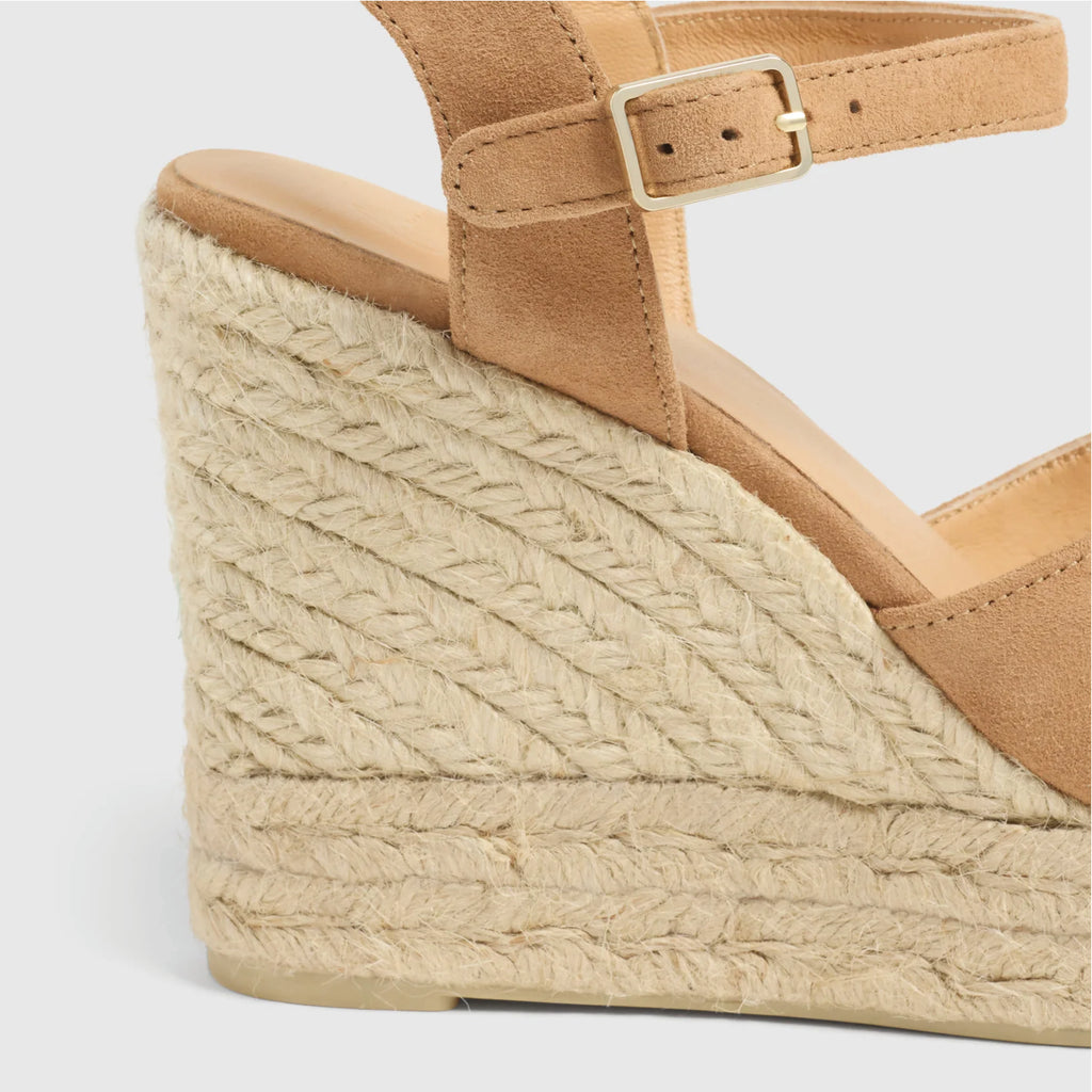 Jo And Co Castaner Tostado Blaudell Espadrille Wedge Sandals_The Blaudell espadrilles have a cross toe that will set trends wherever they go. Made in Spain with suede, the Blaudell espadrilles feature a round open toe, ankle strap with side buckle, open heel, 11 cm wedge and double vulcanised-rubber sole.