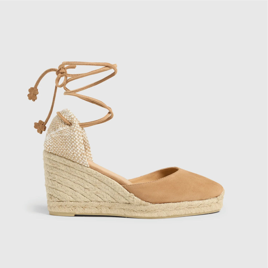 Jo And Co Castaner Tostado Carina Espadrille Wedges_Made in Spain with suede, the Carina espadrilles feature a round closed toe, tie close, 9 cm wedge and vulcanised-rubber sole.