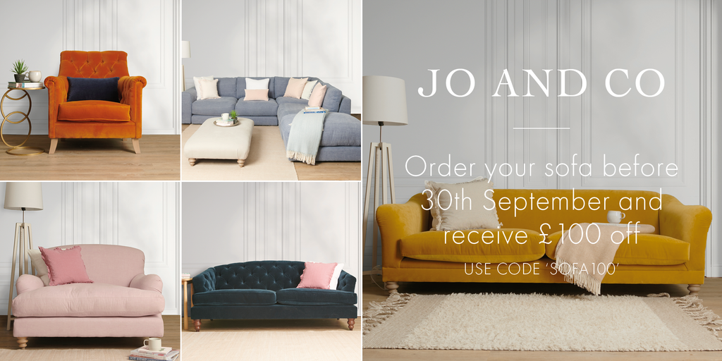 Jo & Co's stunning selection of sofas. Receive £100 off with code 'SOFA100'
