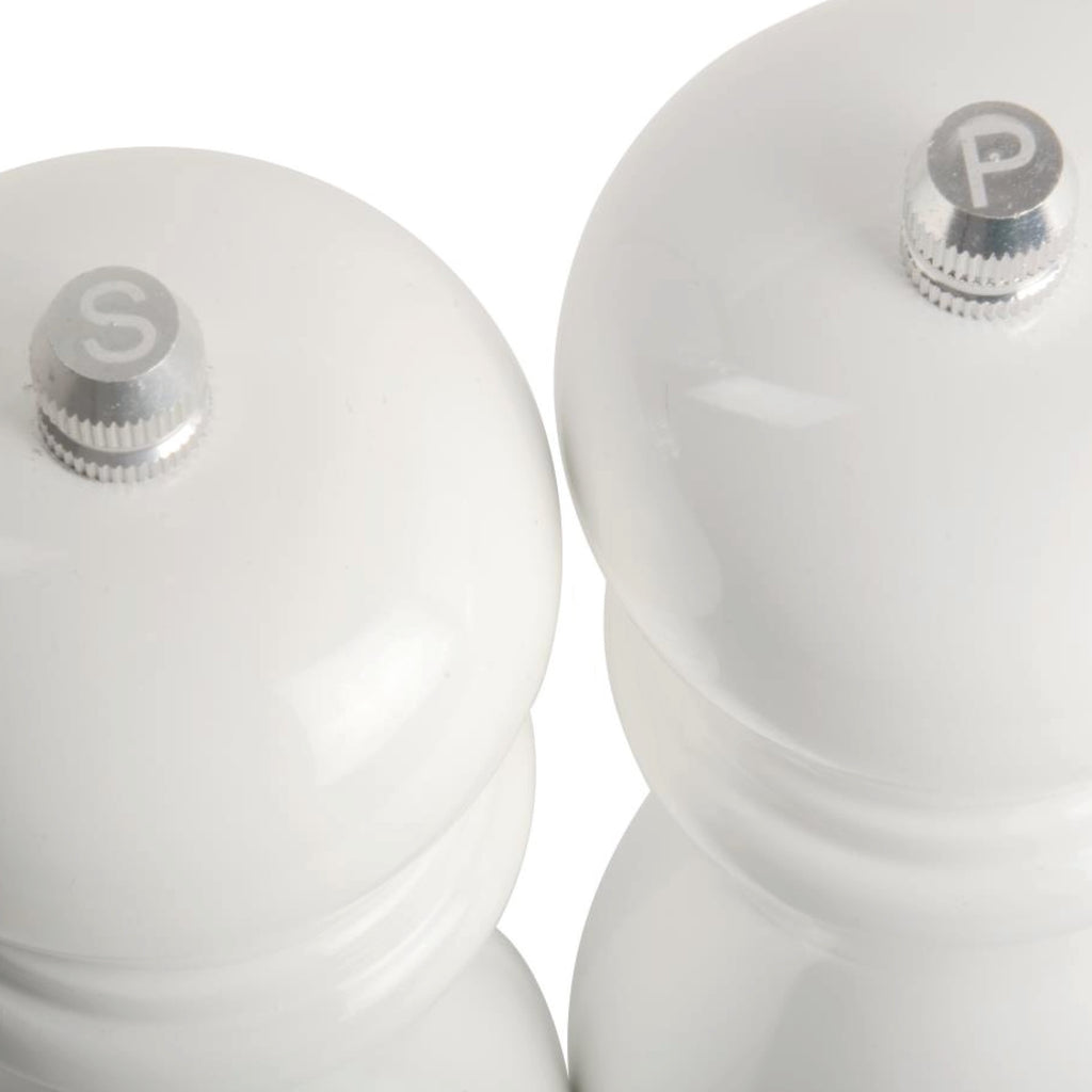 Set of two wooden salt and pepper mills.
White Salt & Pepper Mill Set - Jo And Co White Salt & Pepper Mill Set