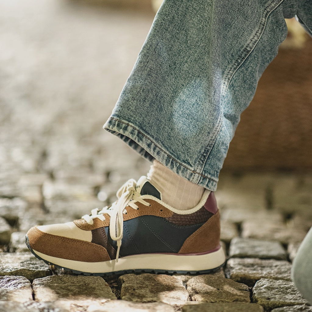 Woden Caramel Multi Ronja Sneakers in brown, navy, and cream with white laces.
Woden Caramel Multi Ronja Sneakers- Jo And Co Woden Caramel Multi Ronja Sneakers - Woden