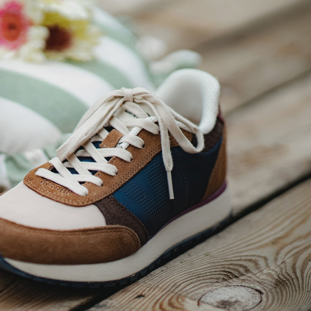 Woden Caramel Multi Ronja Sneakers in brown, navy, and cream with white laces.
Woden Caramel Multi Ronja Sneakers- Jo And Co Woden Caramel Multi Ronja Sneakers - Woden