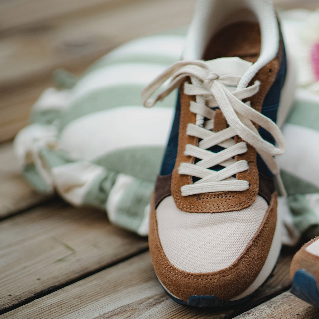 Woden Caramel Multi Ronja Sneakers in brown, navy, and cream with white laces.
Woden Caramel Multi Ronja Sneakers- Jo And Co Woden Caramel Multi Ronja Sneakers - Woden