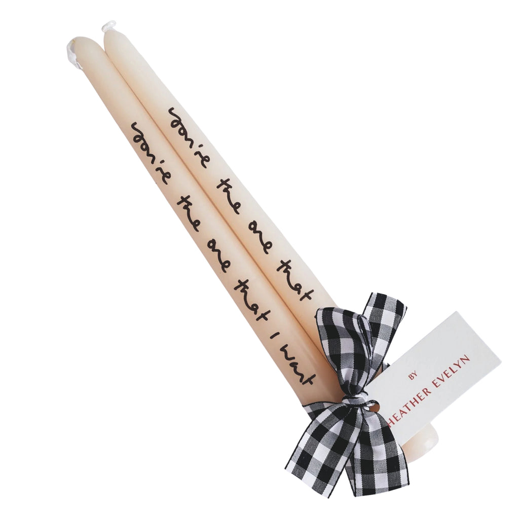 Set of two ivory candles with "You're The One That I Want Candles" tied with gingham ribbon.
You're The One That I Want Candles - Jo And Co You're The One That I Want Candles