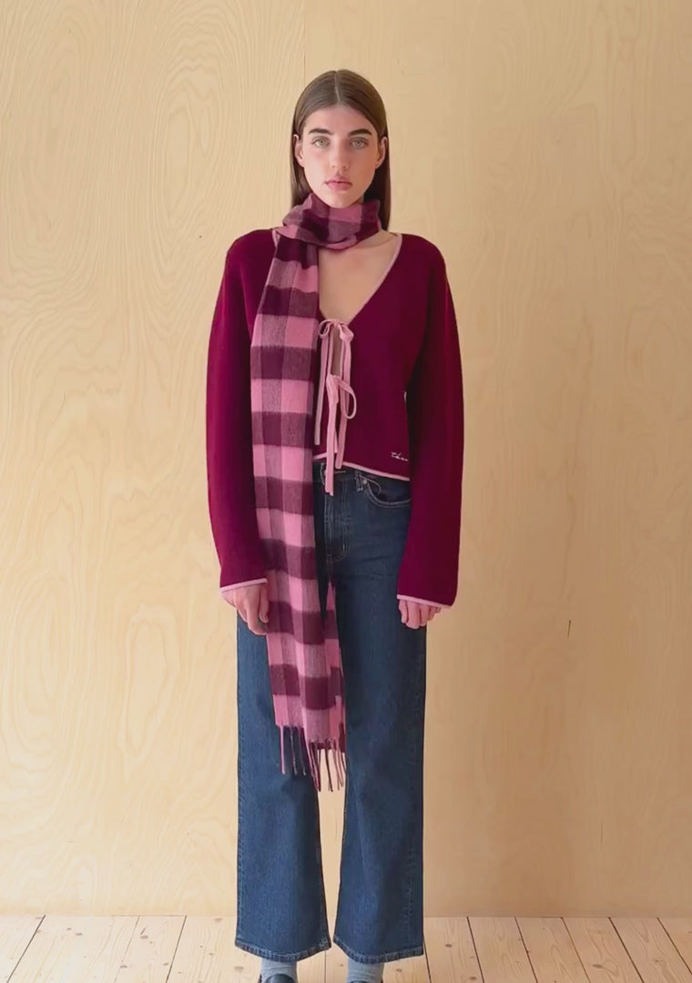 Berry Gingham Lambswool Skinny Scarf - Jo And Co Berry Gingham Lambswool Skinny Scarf