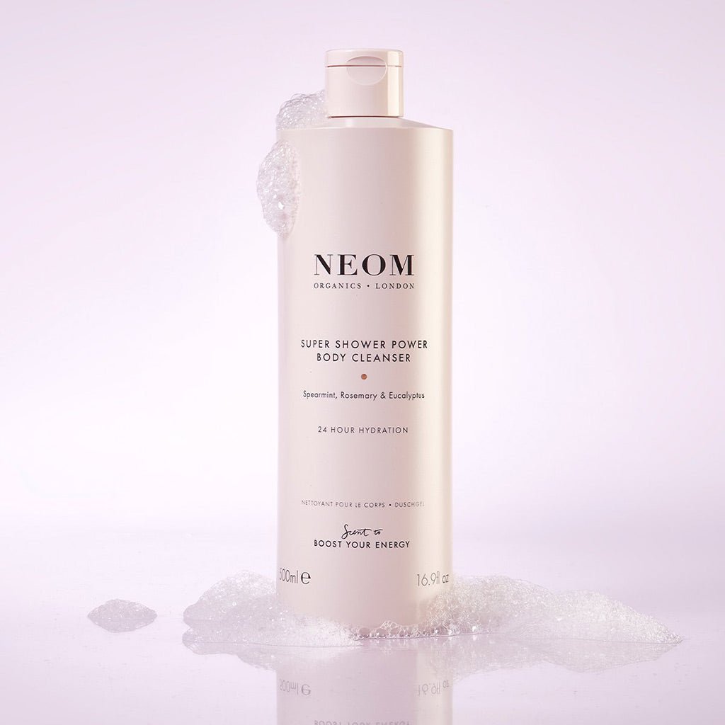 NEOM Super Shower Power Body Cleanser 500ml with spearmint, rosemary, eucalyptus, and organic coffee extract for hydration and energy boost.