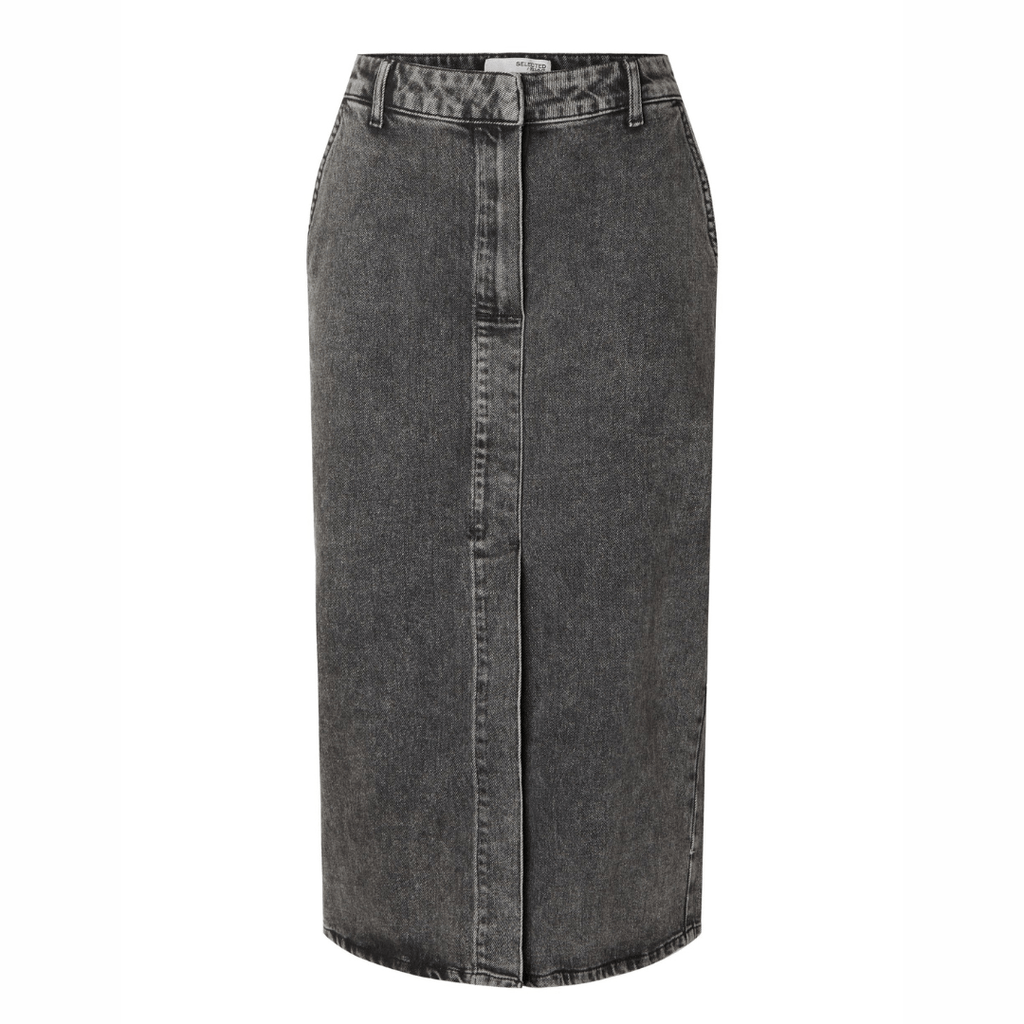 Selected Femme Cali Dark Grey Midi Denim Skirt - Jo & Co HomeSelected Femme Cali Dark Grey Midi Denim SkirtSelected Femme